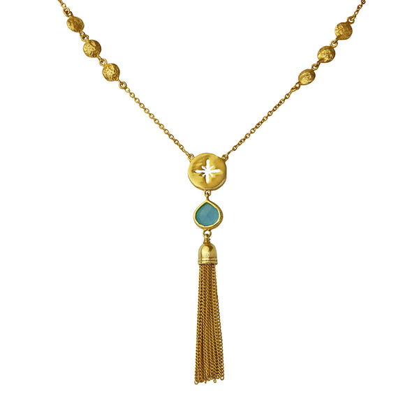 Yasmene chalcedony gold tassel necklace