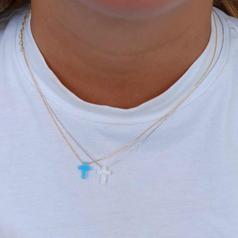 Cross white opalite silver necklace